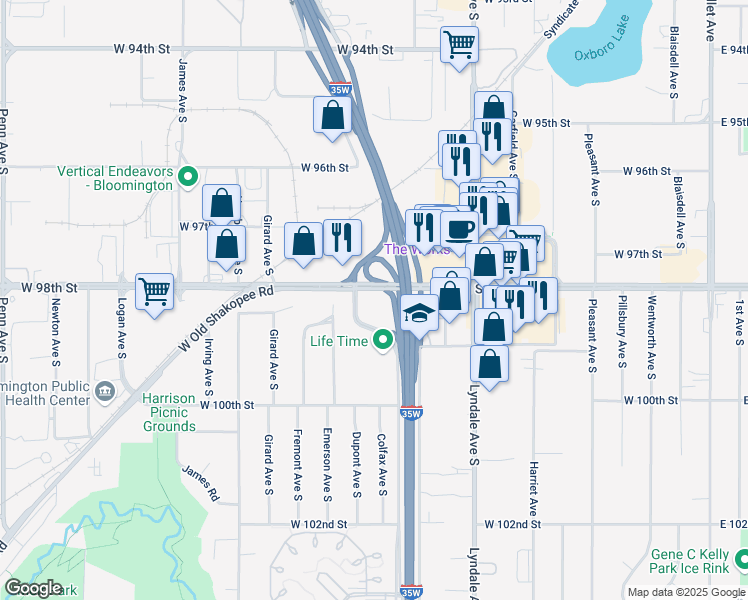 map of restaurants, bars, coffee shops, grocery stores, and more near 9801 Dupont Avenue South in Bloomington