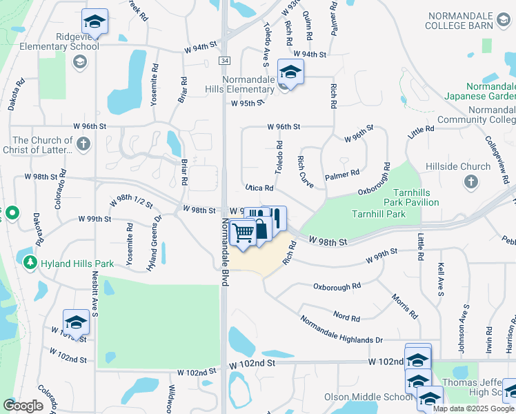 map of restaurants, bars, coffee shops, grocery stores, and more near 5210 West 98th Street in Minneapolis
