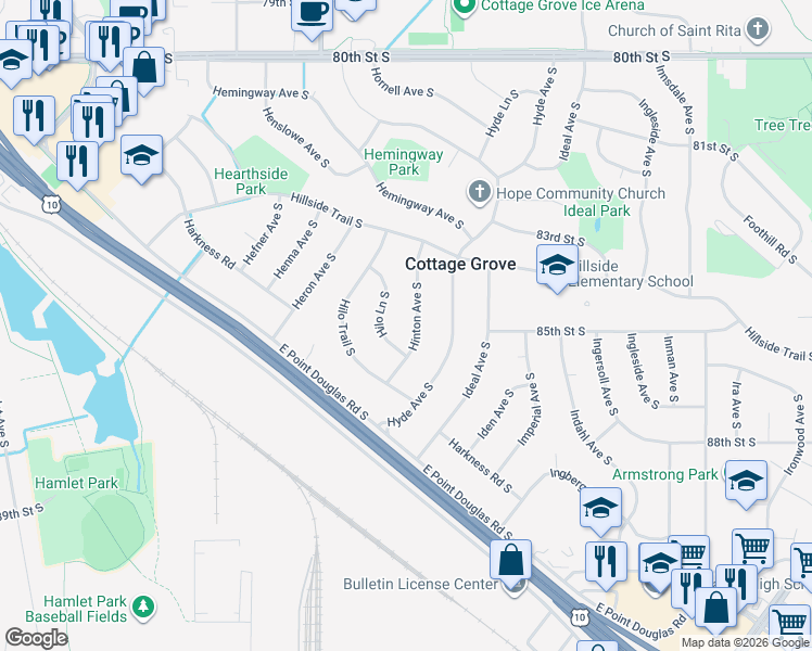 map of restaurants, bars, coffee shops, grocery stores, and more near 8504 Hinton Avenue South in Cottage Grove