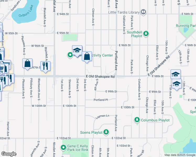 map of restaurants, bars, coffee shops, grocery stores, and more near 411 East 98th Street in Bloomington