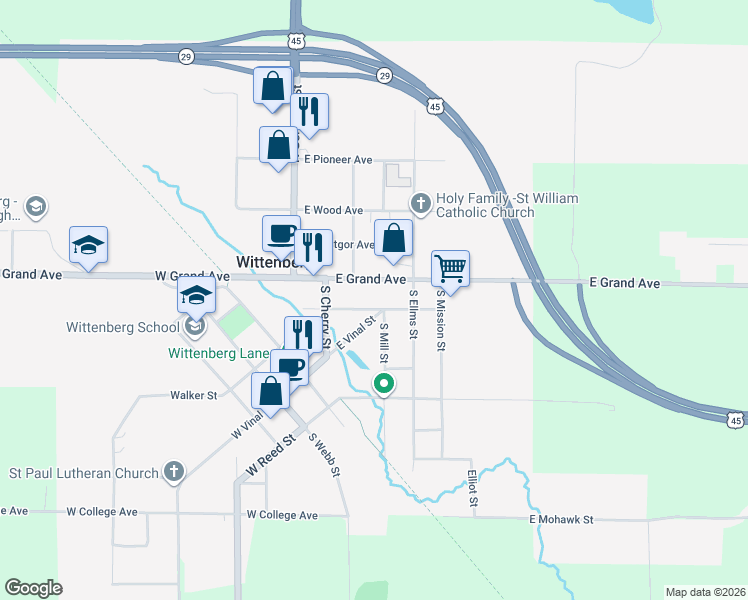 map of restaurants, bars, coffee shops, grocery stores, and more near 400 East Front Street in Wittenberg