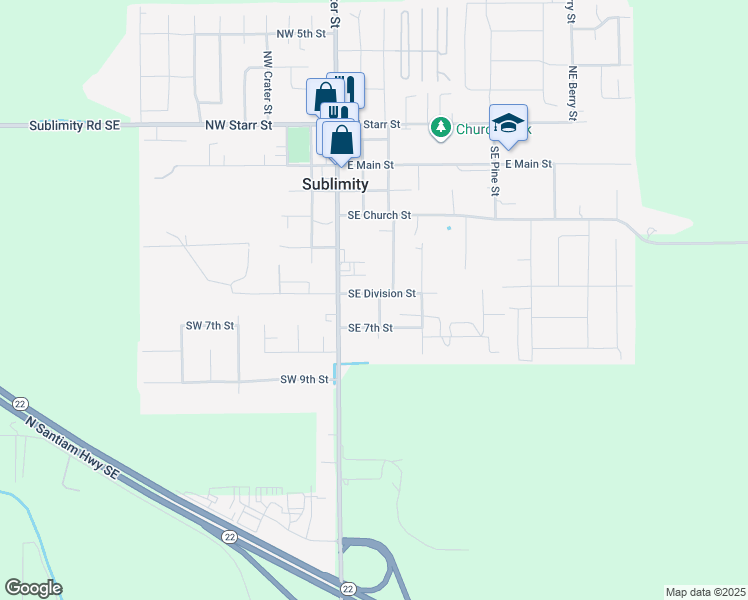 map of restaurants, bars, coffee shops, grocery stores, and more near 134 Southeast Division Street in Sublimity