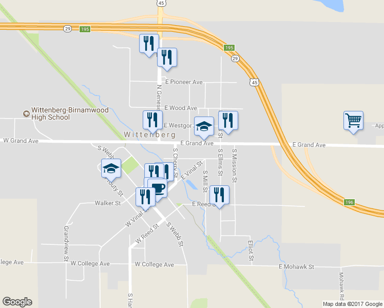 map of restaurants, bars, coffee shops, grocery stores, and more near 400 East Front Street in Wittenberg