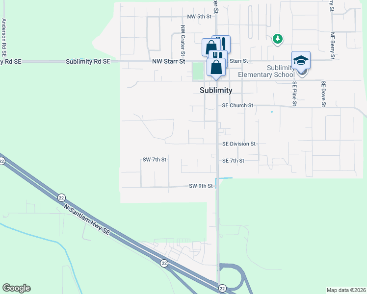 map of restaurants, bars, coffee shops, grocery stores, and more near 348 Southwest Division Street in Sublimity
