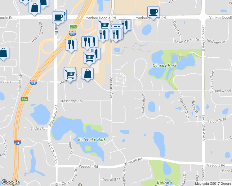 map of restaurants, bars, coffee shops, grocery stores, and more near 1272 Duckwood Drive in Eagan