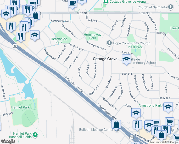 map of restaurants, bars, coffee shops, grocery stores, and more near 8504 Hinton Avenue South in Cottage Grove