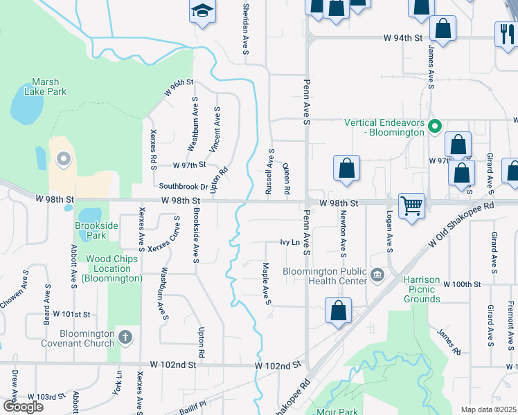 map of restaurants, bars, coffee shops, grocery stores, and more near 2431 West 98th Street in Minneapolis