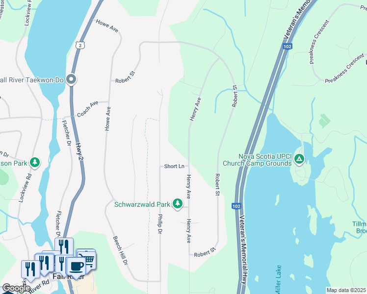 map of restaurants, bars, coffee shops, grocery stores, and more near 172 Henry Avenue in Fall River