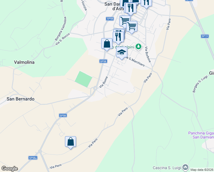 map of restaurants, bars, coffee shops, grocery stores, and more near 12 Via G. Rossini in San Damiano d'Asti