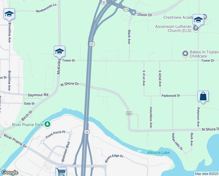 map of restaurants, bars, coffee shops, grocery stores, and more near 3794 North Shore Drive in Eau Claire