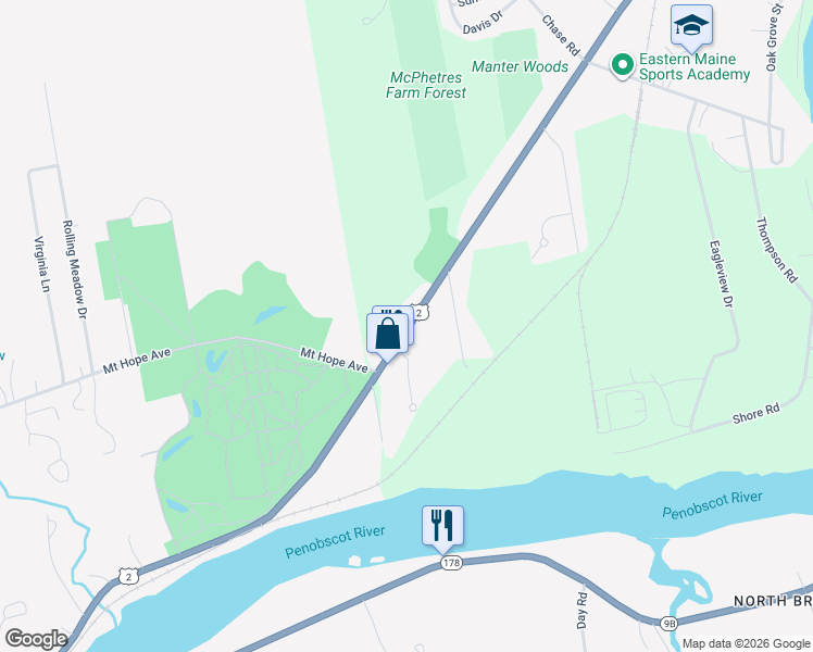 map of restaurants, bars, coffee shops, grocery stores, and more near 1228 State Street in Veazie