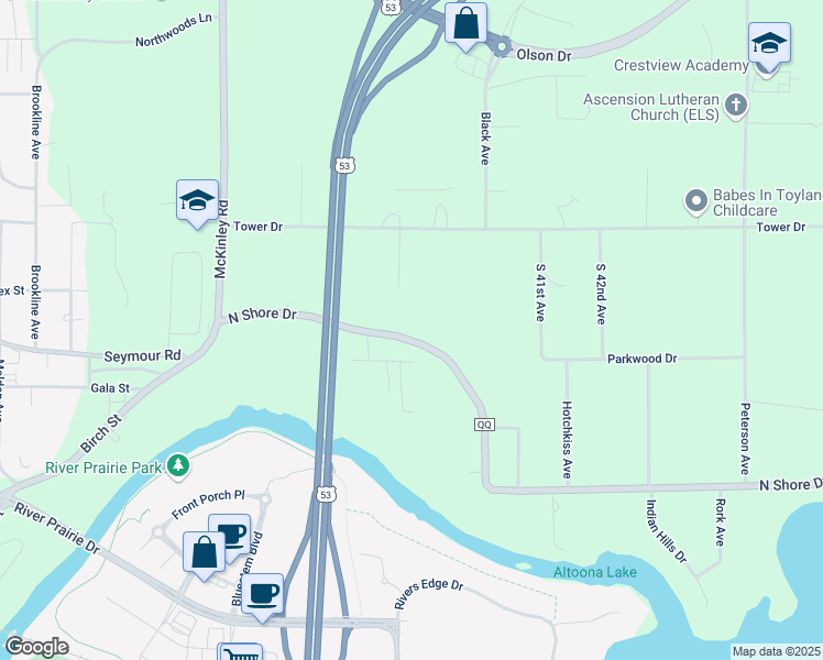 map of restaurants, bars, coffee shops, grocery stores, and more near 3794 N Shore Dr in Eau Claire