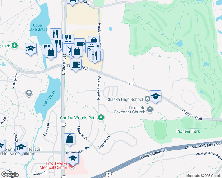 map of restaurants, bars, coffee shops, grocery stores, and more near 2773 Wagon Wheel Drive in Chaska