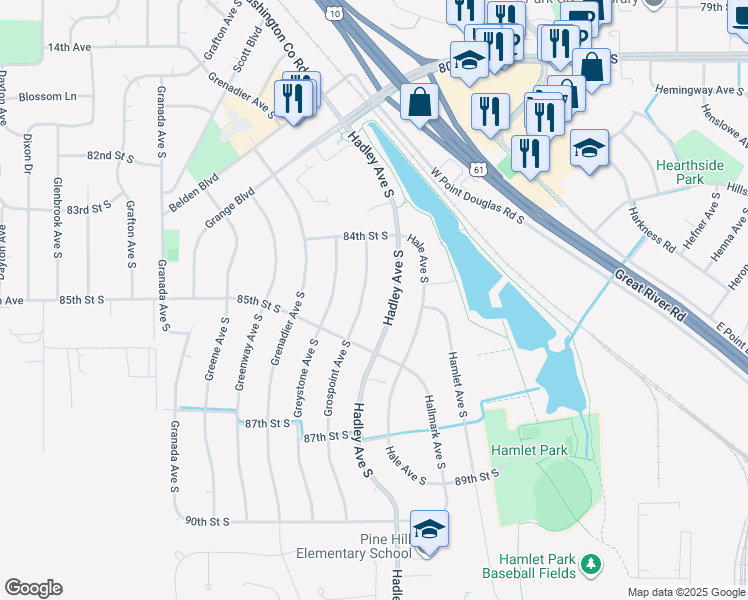 map of restaurants, bars, coffee shops, grocery stores, and more near 8493 Grospoint Avenue South in Cottage Grove