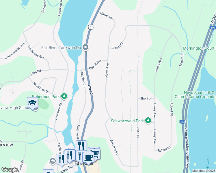 map of restaurants, bars, coffee shops, grocery stores, and more near 212 Howe Avenue in Fall River