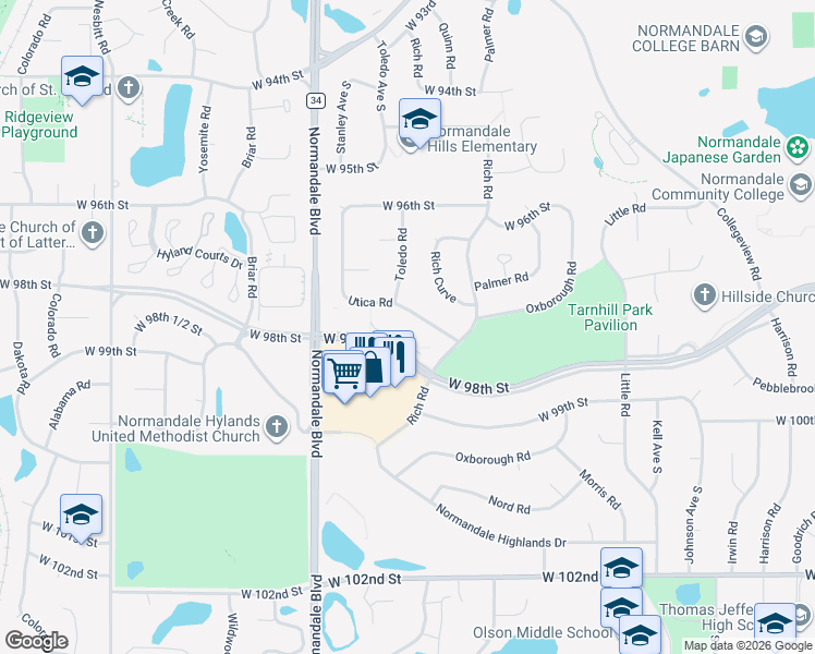 map of restaurants, bars, coffee shops, grocery stores, and more near 5200 West 98th Street in Bloomington