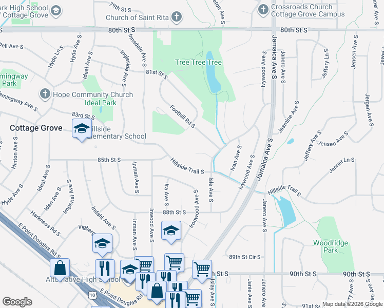 map of restaurants, bars, coffee shops, grocery stores, and more near 8685 Isle Court South in Cottage Grove