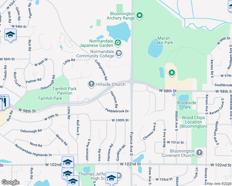 map of restaurants, bars, coffee shops, grocery stores, and more near 9801 Harrison Road in Bloomington
