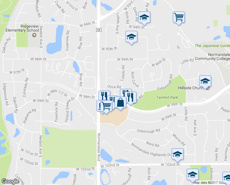 map of restaurants, bars, coffee shops, grocery stores, and more near 5210 West 98th Street in Minneapolis