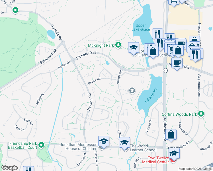 map of restaurants, bars, coffee shops, grocery stores, and more near 110340 Geske Road in Chaska
