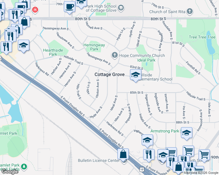 map of restaurants, bars, coffee shops, grocery stores, and more near 8487 Hyde Avenue South in Cottage Grove