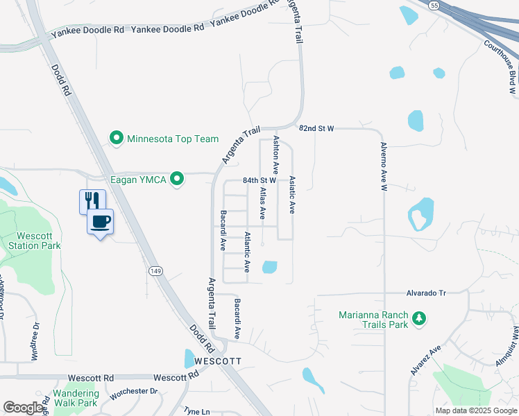 map of restaurants, bars, coffee shops, grocery stores, and more near 8510 Atlantic Avenue in Inver Grove Heights