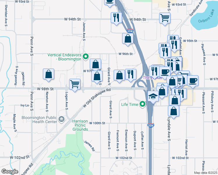 map of restaurants, bars, coffee shops, grocery stores, and more near 9803 Girard Circle in Minneapolis