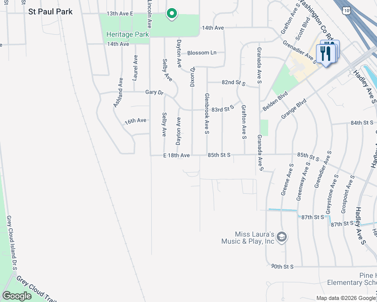 map of restaurants, bars, coffee shops, grocery stores, and more near 1749 Dixon Drive in Saint Paul Park