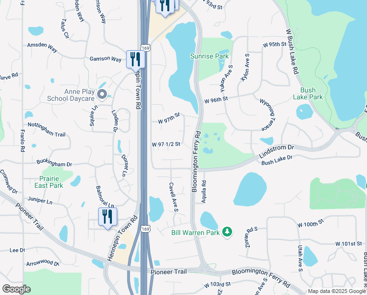 map of restaurants, bars, coffee shops, grocery stores, and more near 9765 Cavell Avenue South in Minneapolis