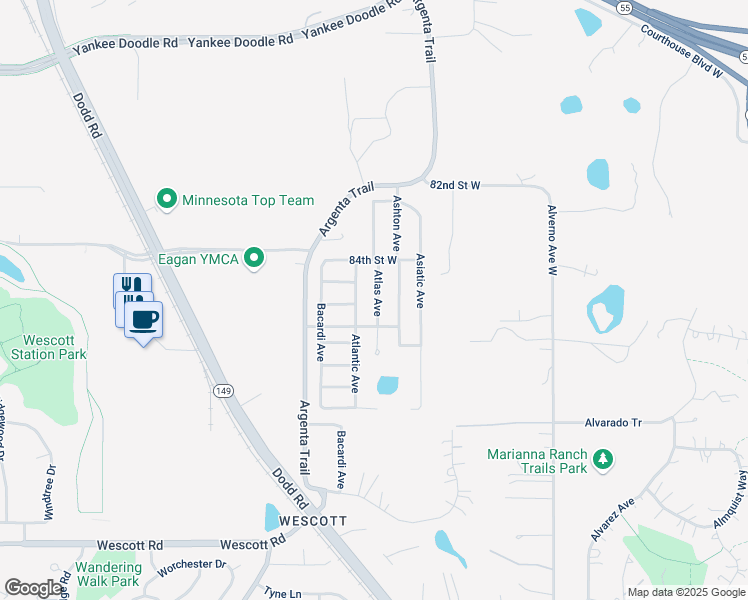 map of restaurants, bars, coffee shops, grocery stores, and more near 8510 Atlantic Avenue in Inver Grove Heights