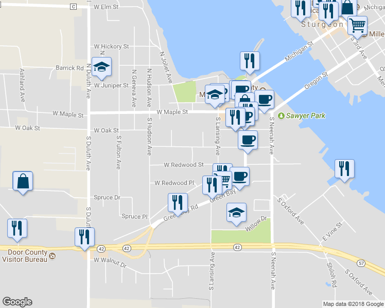 map of restaurants, bars, coffee shops, grocery stores, and more near South Joliet in Sturgeon Bay