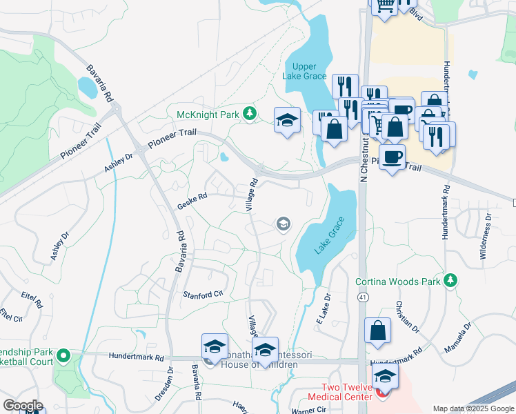 map of restaurants, bars, coffee shops, grocery stores, and more near 110696 Village Road in Chaska