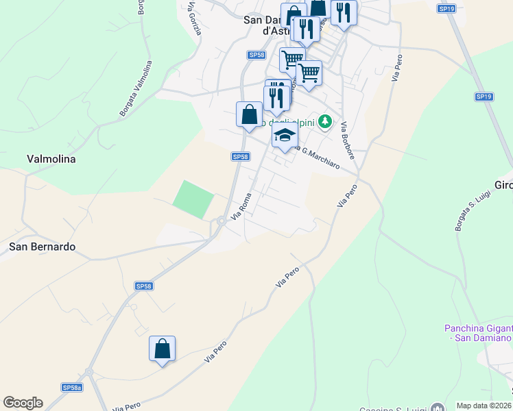 map of restaurants, bars, coffee shops, grocery stores, and more near 12 Via G. Rossini in San Damiano d'Asti