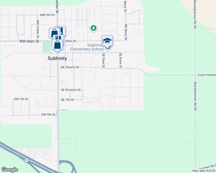 map of restaurants, bars, coffee shops, grocery stores, and more near 500 Southeast Division Street in Sublimity