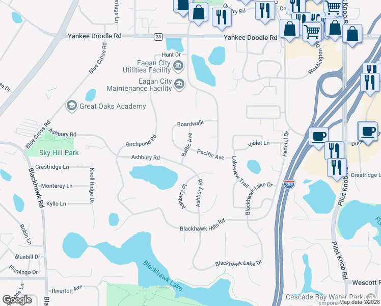 map of restaurants, bars, coffee shops, grocery stores, and more near 3644 Ashbury Road in Eagan