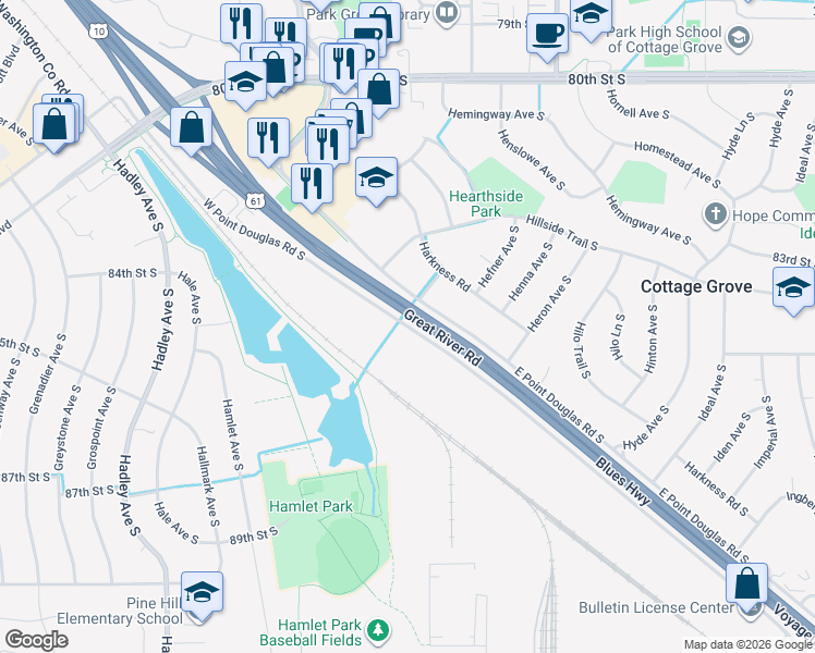 map of restaurants, bars, coffee shops, grocery stores, and more near 7615 West Point Douglas Road South in Cottage Grove