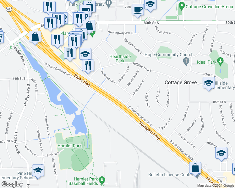 map of restaurants, bars, coffee shops, grocery stores, and more near 7624 East Point Douglas Road in Cottage Grove