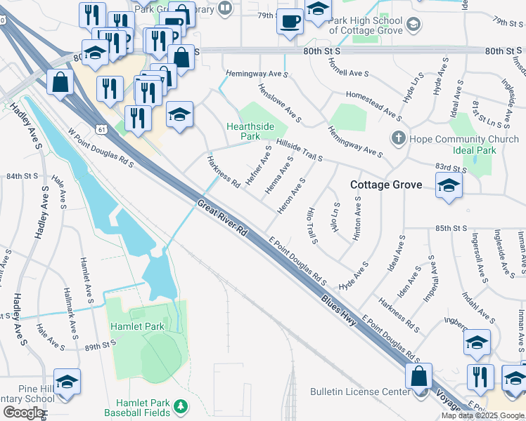 map of restaurants, bars, coffee shops, grocery stores, and more near 7672 East Point Douglas Road South in Cottage Grove
