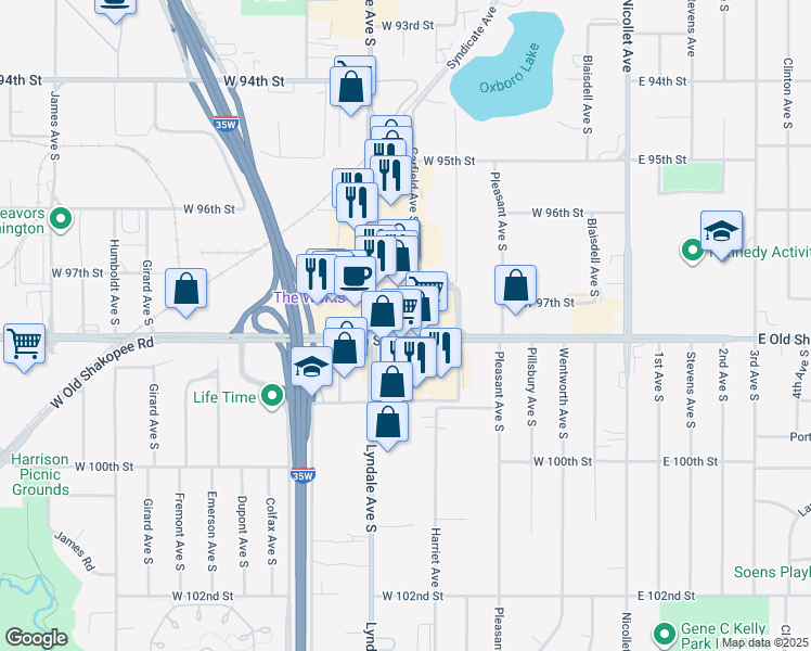 map of restaurants, bars, coffee shops, grocery stores, and more near 600 West 98th Street in Bloomington