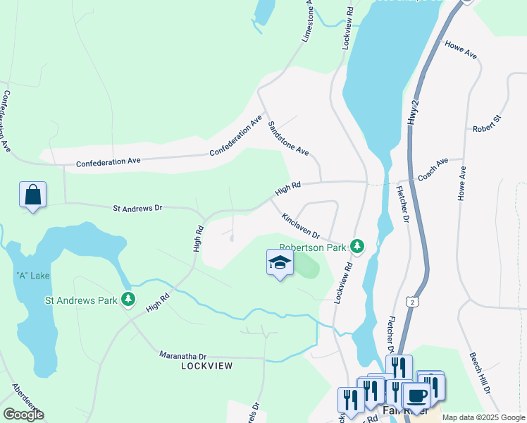 map of restaurants, bars, coffee shops, grocery stores, and more near 124 High Road in Fall River