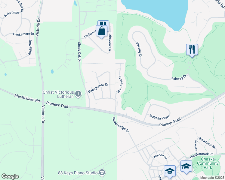 map of restaurants, bars, coffee shops, grocery stores, and more near 2735 Spy Glass Drive in Chaska