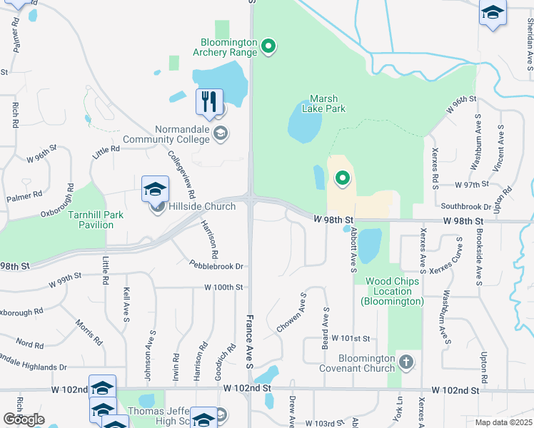 map of restaurants, bars, coffee shops, grocery stores, and more near 3801 West 98th Street in Minneapolis
