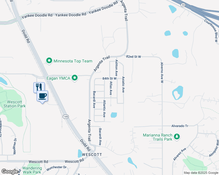 map of restaurants, bars, coffee shops, grocery stores, and more near 8510 Atlantic Avenue in Inver Grove Heights