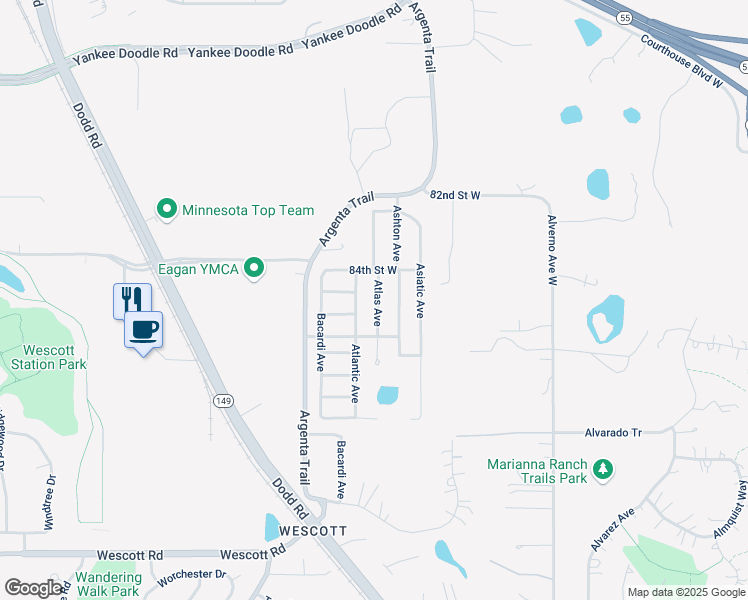 map of restaurants, bars, coffee shops, grocery stores, and more near 8510 Atlantic Avenue in Inver Grove Heights