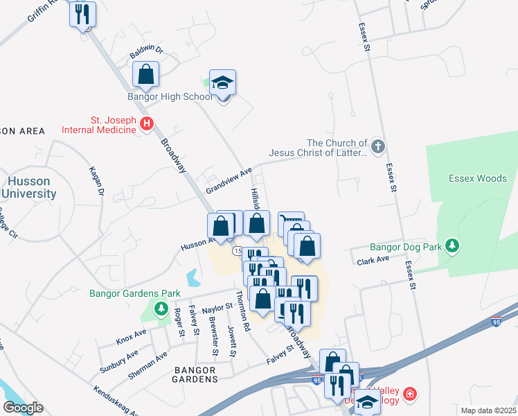 map of restaurants, bars, coffee shops, grocery stores, and more near 51 Hillside Avenue in Bangor