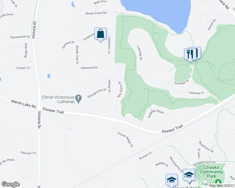 map of restaurants, bars, coffee shops, grocery stores, and more near 2748 Spy Glass Drive in Chaska