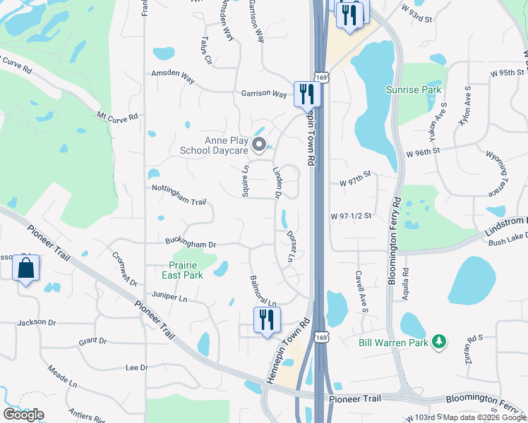 map of restaurants, bars, coffee shops, grocery stores, and more near 9758 Linden Drive in Eden Prairie