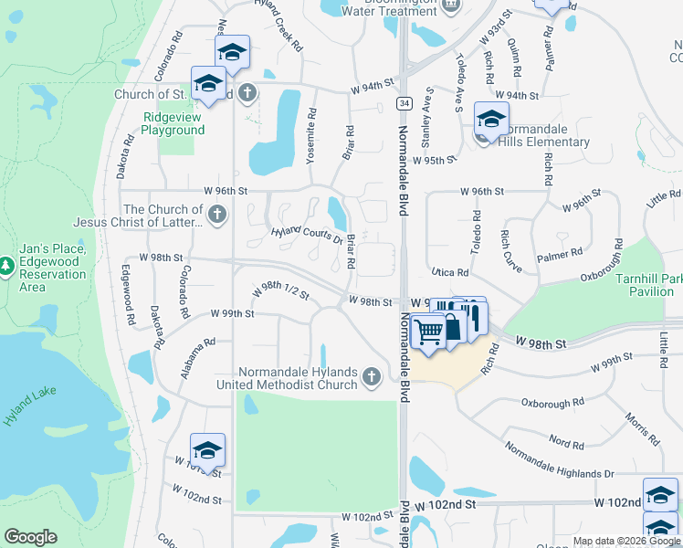 map of restaurants, bars, coffee shops, grocery stores, and more near 5481 Hyland Courts Drive in Minneapolis