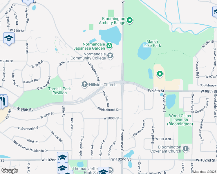map of restaurants, bars, coffee shops, grocery stores, and more near 9801 Harrison Road in Minneapolis