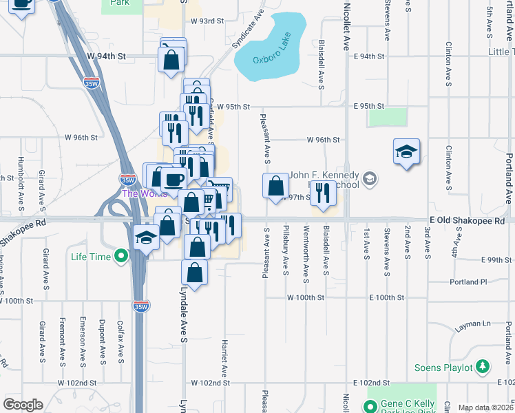 map of restaurants, bars, coffee shops, grocery stores, and more near 9710 Pleasant Avenue South in Bloomington
